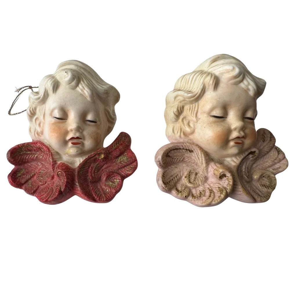 Two Vintage Christmas Cherub Angel Ornament Bisque Porcelain